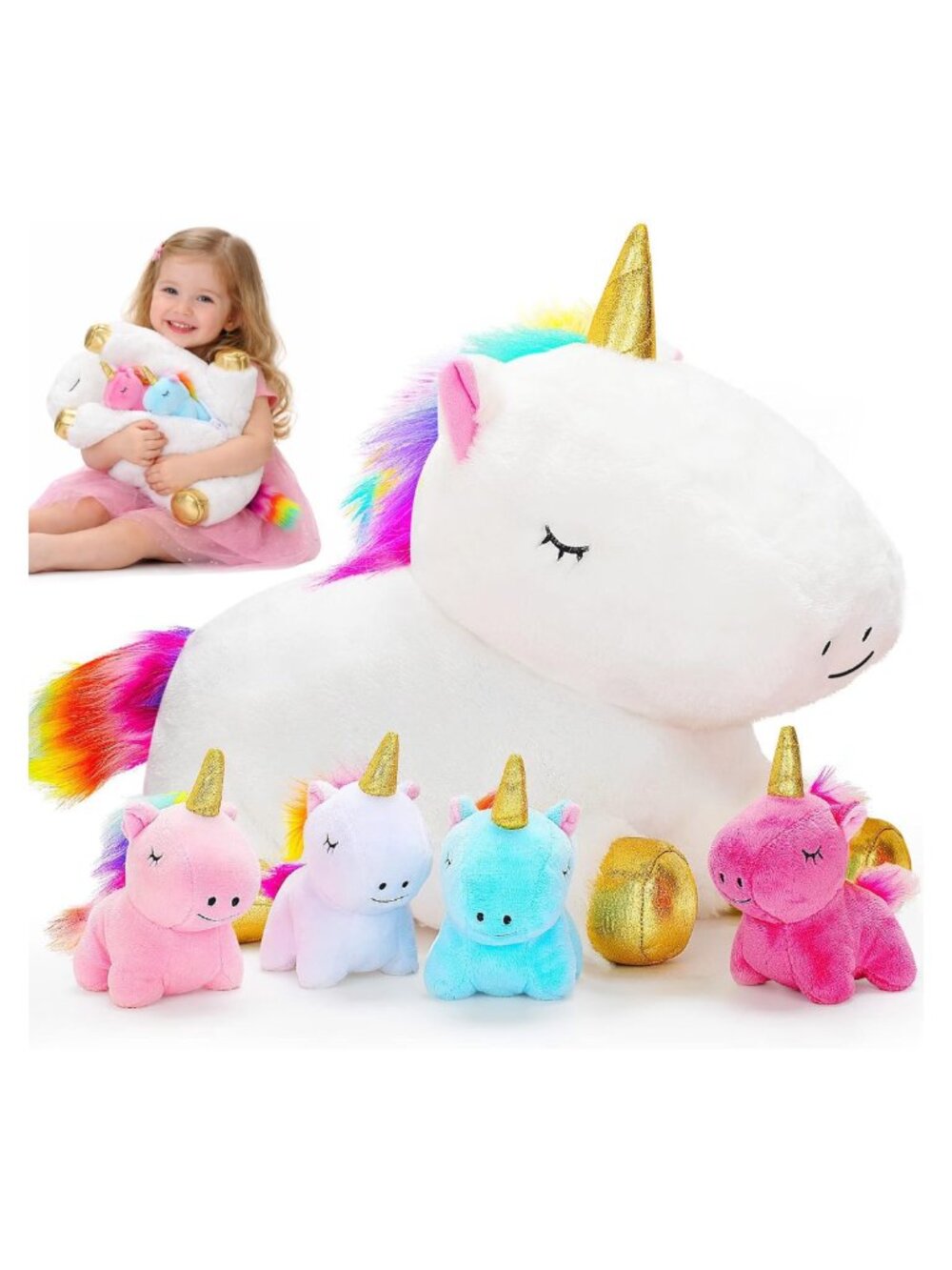 Unicorn Plush Set Mommy & 4 Baby Stuffed Animals Soft Gift for Girls